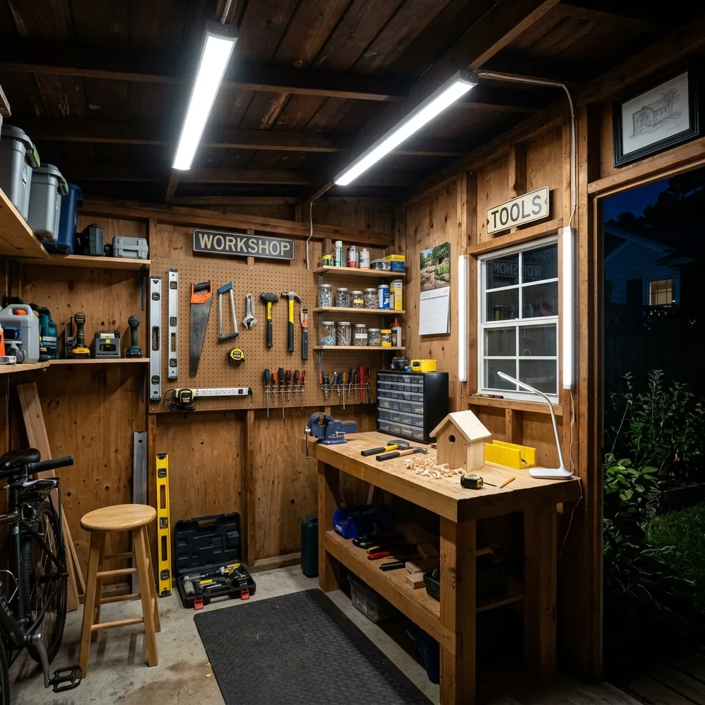 Shed interior with lights